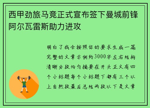 西甲劲旅马竞正式宣布签下曼城前锋阿尔瓦雷斯助力进攻