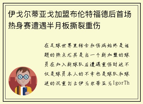 伊戈尔蒂亚戈加盟布伦特福德后首场热身赛遭遇半月板撕裂重伤
