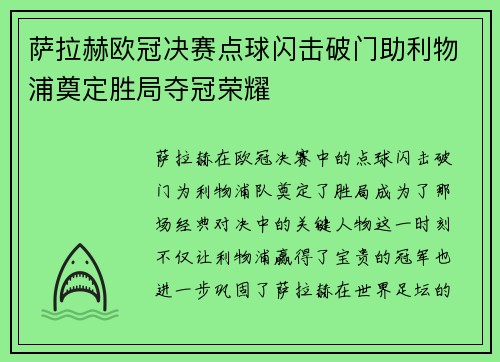 萨拉赫欧冠决赛点球闪击破门助利物浦奠定胜局夺冠荣耀 萨拉赫欧冠决赛点球闪击破门助利物浦奠定胜局夺冠荣耀