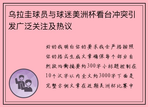 乌拉圭球员与球迷美洲杯看台冲突引发广泛关注及热议